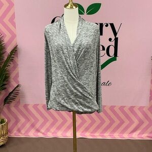 Tahari Heather Gray Draped Wrap-Front Long Sleeve Top